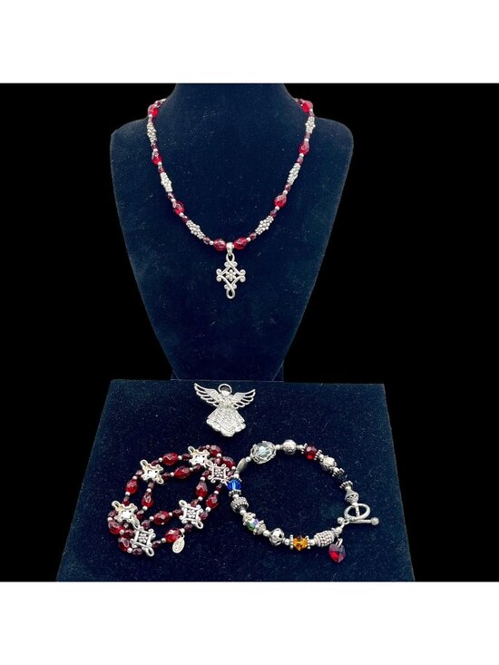 Cookie Lee Jewelry - Holiday Necklace + Bracelet Set by Cookie Lee, Glass Bead Bracelet, Angel Brooch